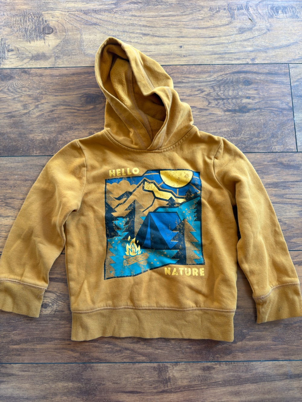 jumping beans Mustard Hooded Sweatshirt with Blue Camping Graphic